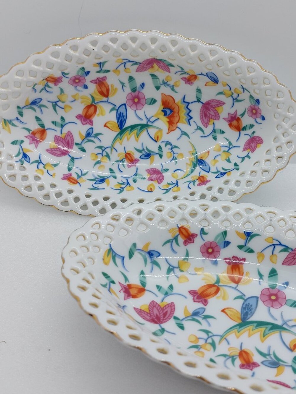 2 Vintage German Oval Porcelain Bowl / Dish Filigree Edge Floral Pattern